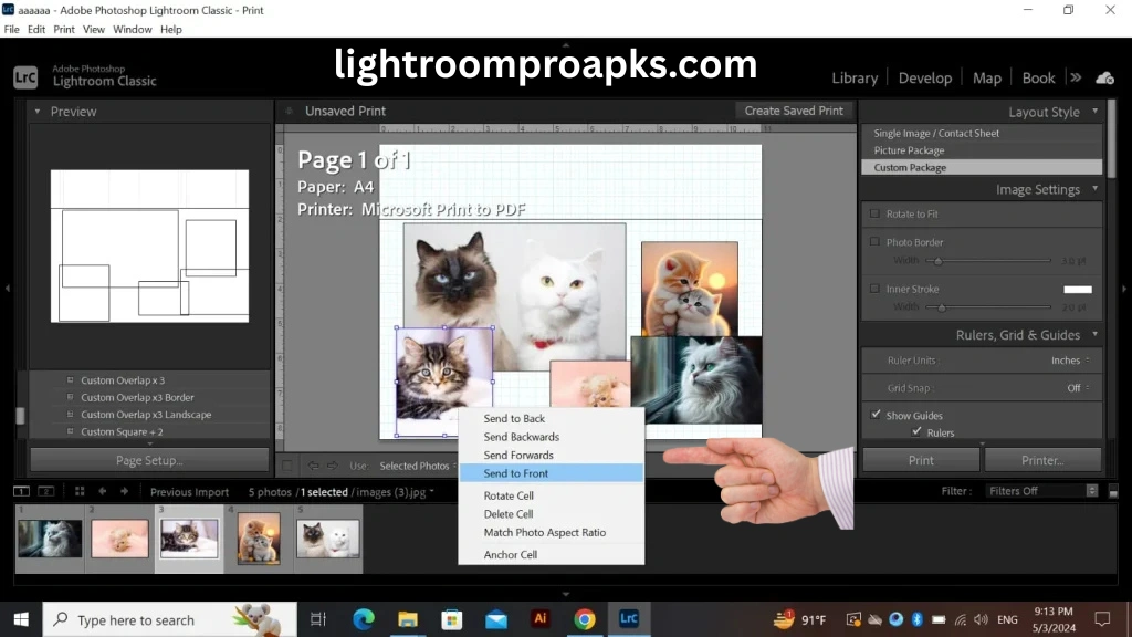 Screenshot of Adobe Lightroom Classic print module showing custom package layout for printing multiple photos.