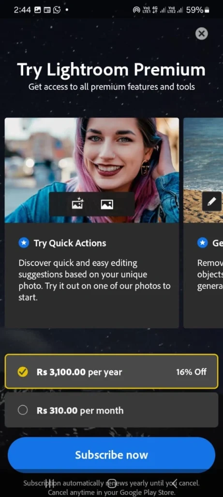 Screenshot showing Adobe Lightroom Premium pricing options including annual and monthly subscription plans.