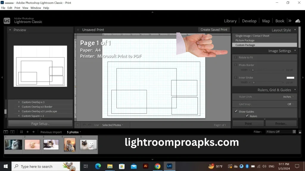 Screenshot of Adobe Lightroom Classic print module showing custom package layout settings.
