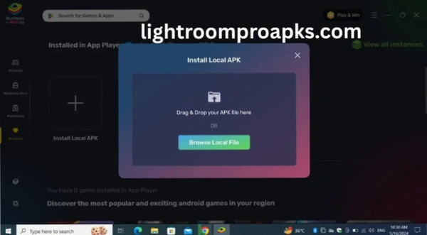 Screenshot of BlueStacks interface showing install local APK window with browse local file and drag & drop option.