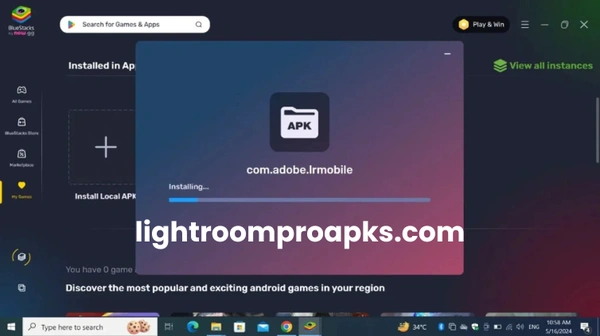 Screenshot of BlueStacks showing Lightroom APK installation progress with com.adobe.lrmobile package.