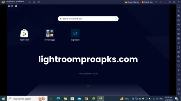 Screenshot of BlueStacks App Player home screen showing Lightroom app alongside App Center and System apps.