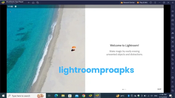 Screenshot of BlueStacks running Lightroom app showing the welcome screen with option to erase unwanted objects and distractions.