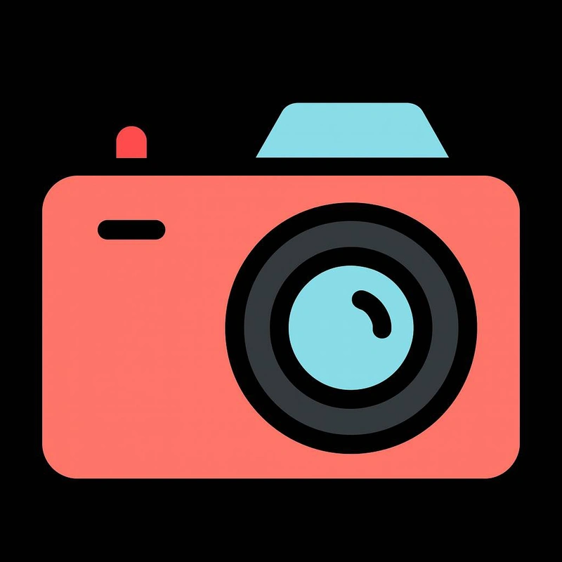 Minimal red and blue camera icon representing photography and photo editing features.