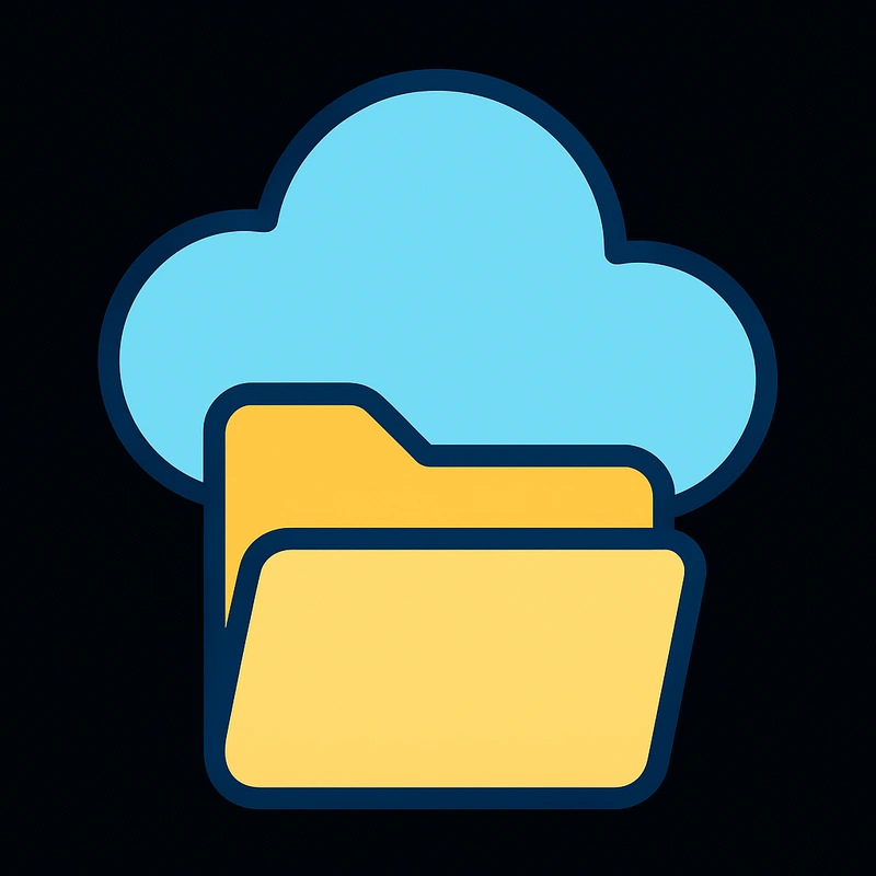 Flat vector illustration of a blue cloud with a yellow folder, symbolizing cloud storage and online file management.