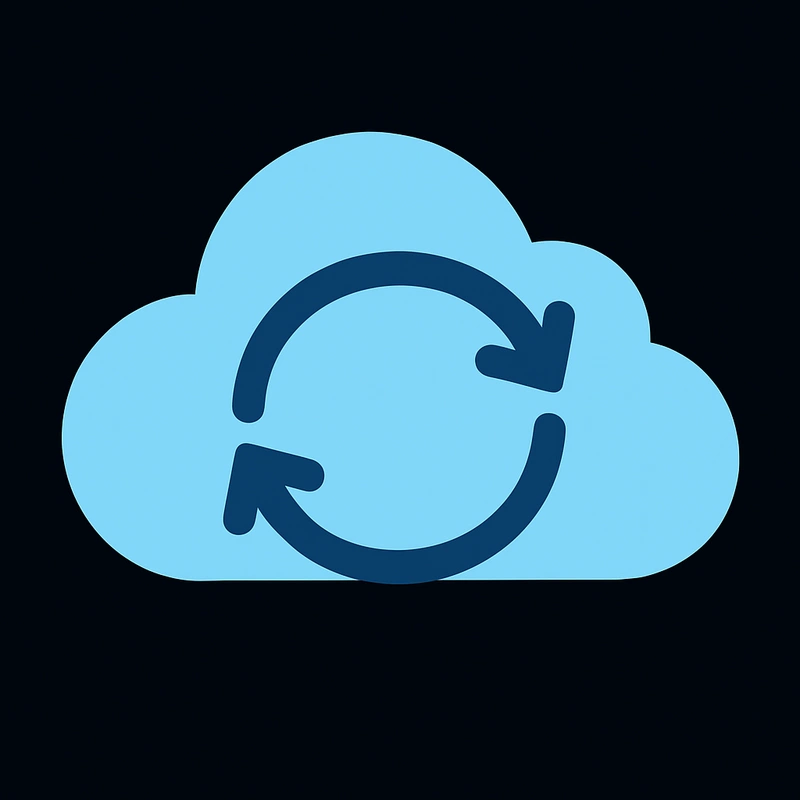Flat vector illustration of a blue cloud with circular sync arrows, symbolizing cloud synchronization and data backup.