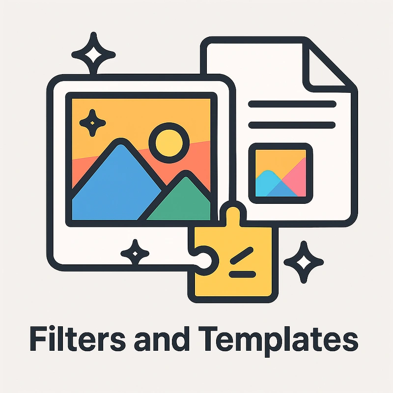 Flat vector illustration of an image with filters, a document template, and decorative stars, symbolizing photo editing filters and templates features.