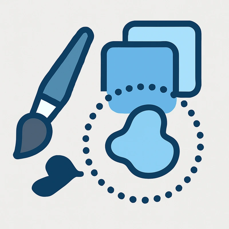 Flat vector illustration of a brush tool, dotted selection area, and overlapping shapes, symbolizing healing brush and clone features for photo editing.