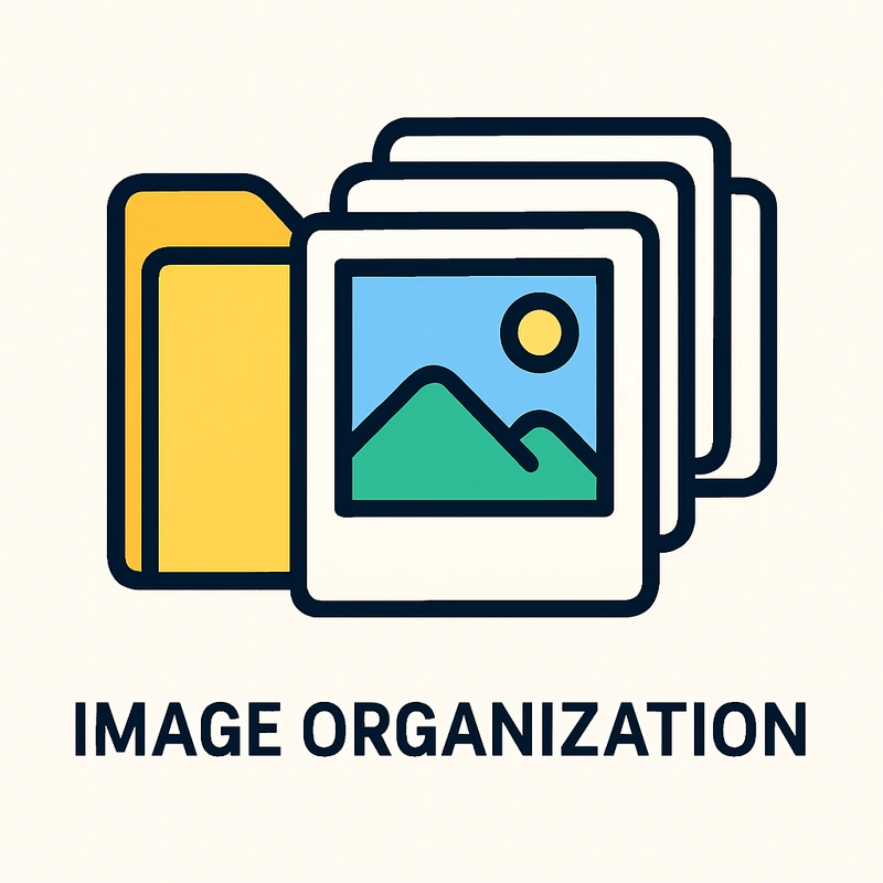 Flat vector illustration of a yellow folder with cascading photo thumbnails, representing image organization and photo management features.