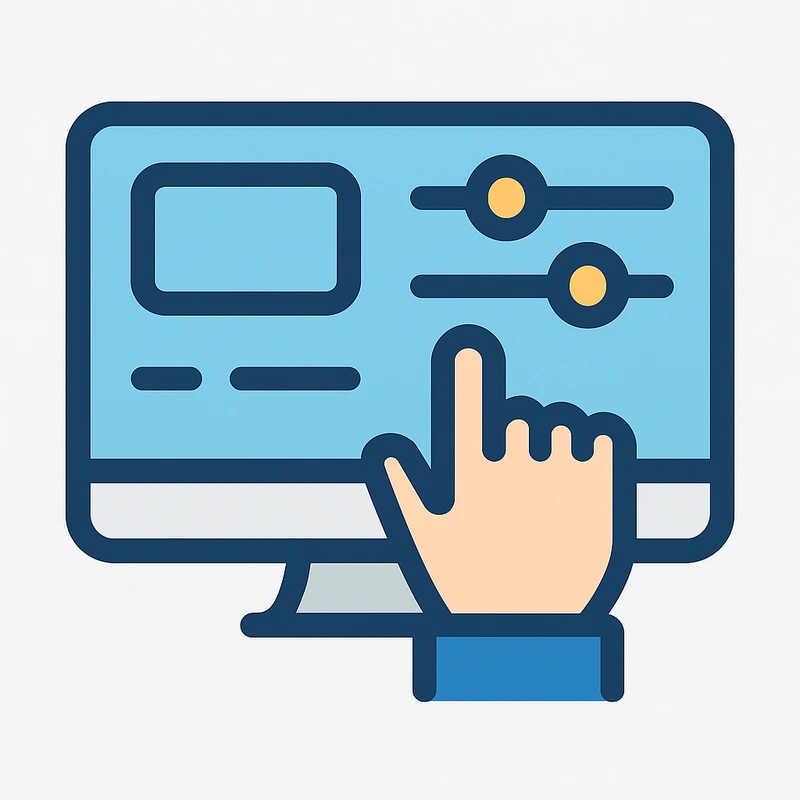 Flat vector illustration of a hand tapping on a digital screen with sliders and buttons, symbolizing an intuitive and user-friendly interface.