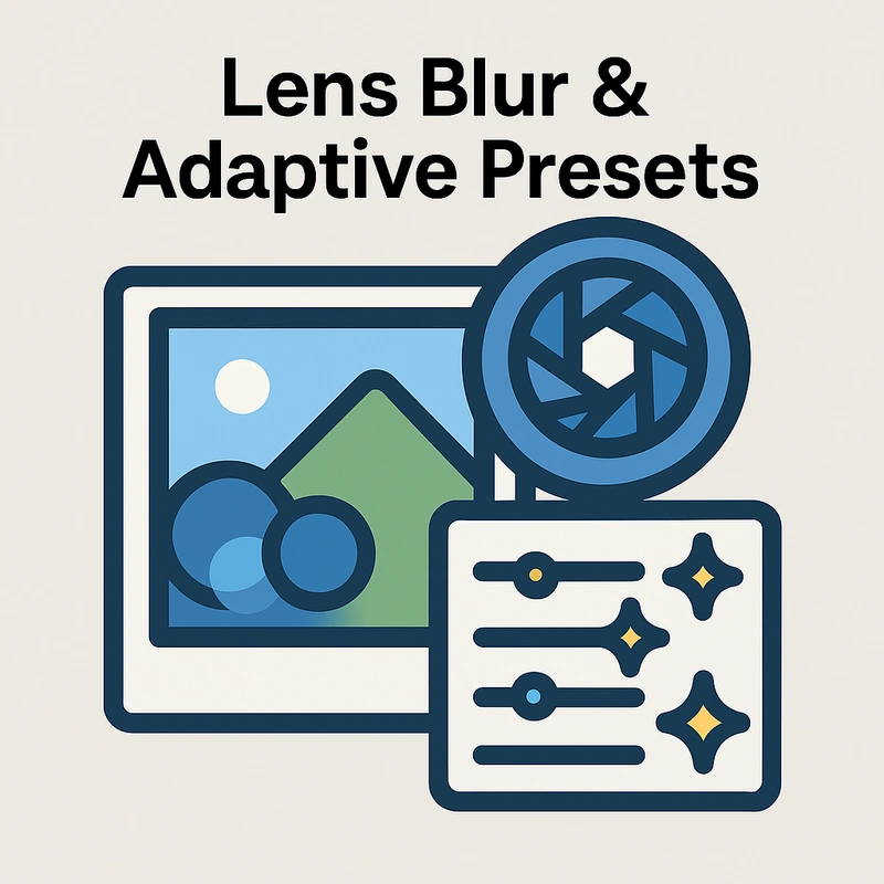 Flat vector illustration showing a photo with bokeh circles, an aperture lens, and a settings panel with sliders and stars, symbolizing lens blur and adaptive presets in photo editing.