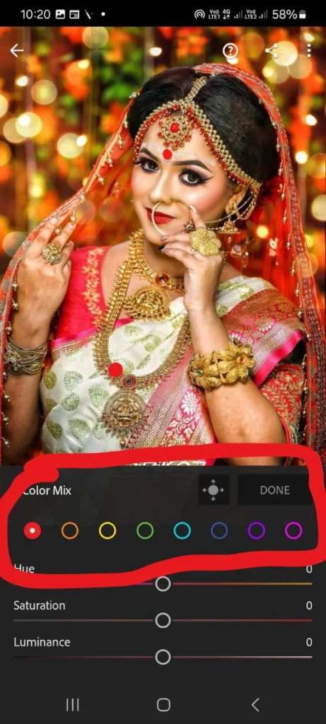 Bridal portrait edited in Lightroom with color mix tool showing hue, saturation, and luminance adjustments for wedding photo retouching.