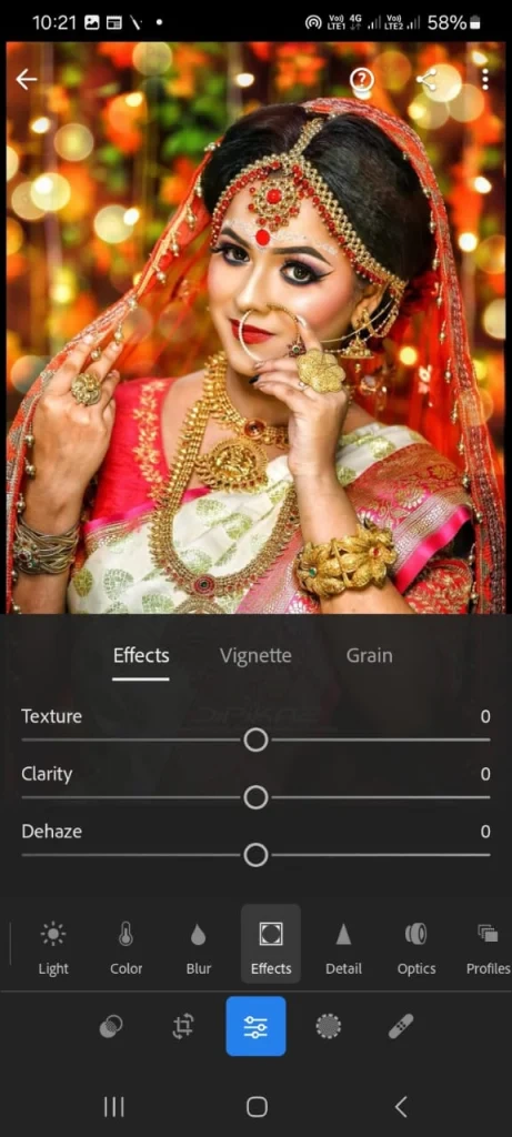 Bridal portrait edited in Lightroom with effects panel open, showing texture, clarity, and dehaze adjustment sliders for wedding photo retouching.