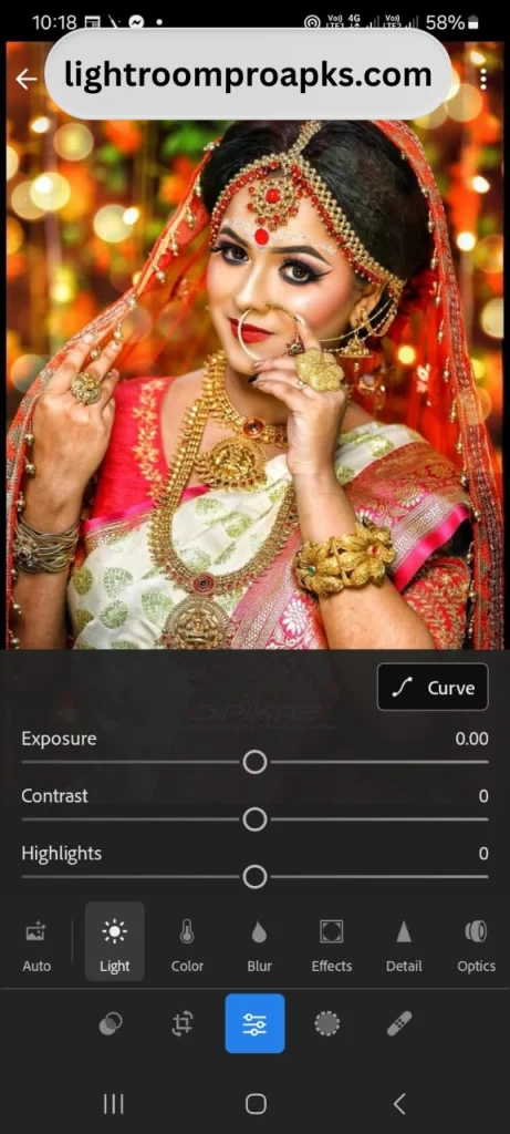 Bridal portrait edited in Lightroom app with visible adjustment sliders for exposure, contrast, and highlights.