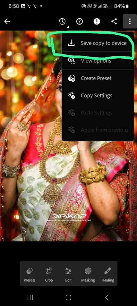 Bridal portrait in Lightroom mobile app with editing menu open, highlighting the save copy to device option.