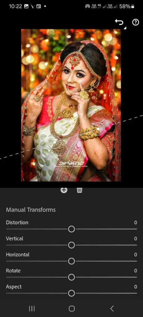 Bridal portrait edited in Lightroom using manual transform panel with distortion, vertical, horizontal, rotation, and aspect adjustment sliders.