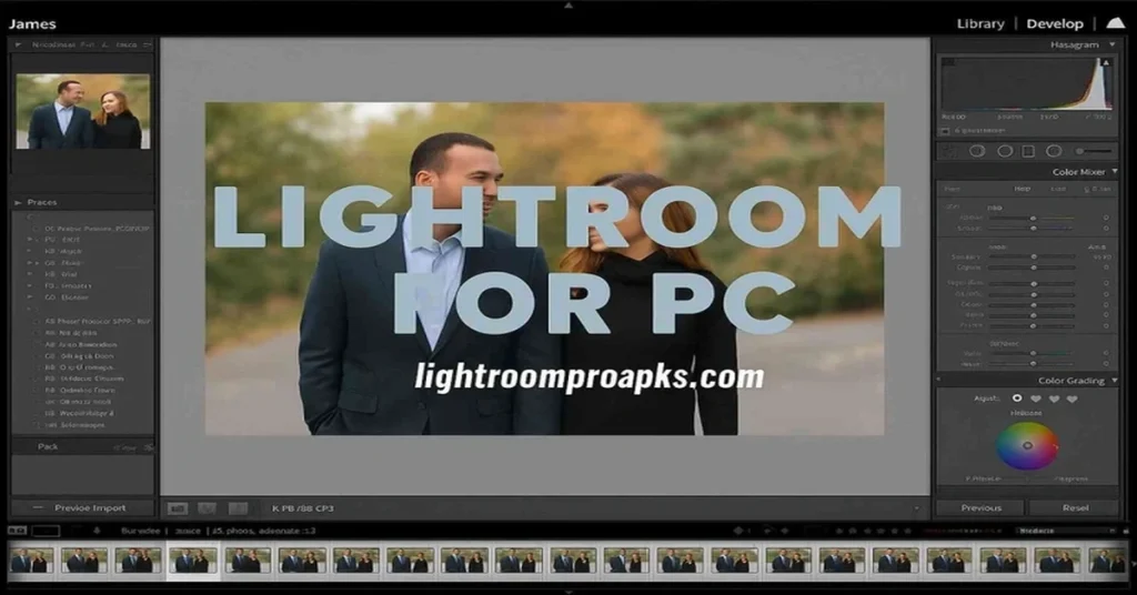 Screenshot of Adobe Lightroom interface on PC showing photo editing panel, color mixer, and adjustment tools with Lightroom for PC text overlay.