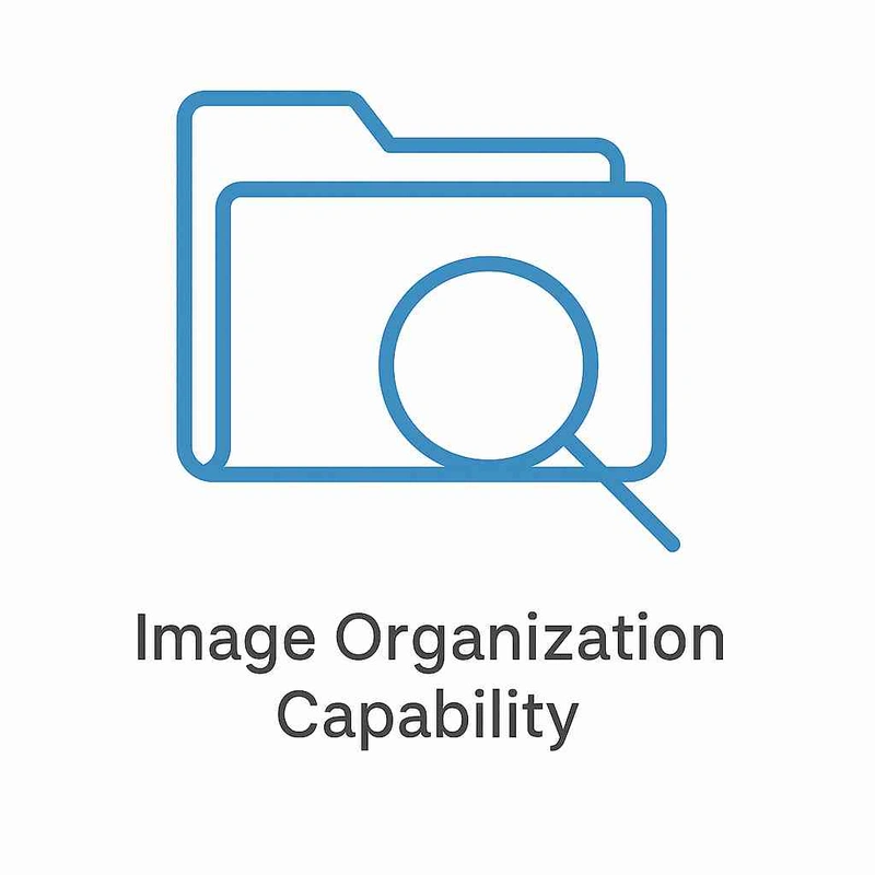 Flat vector illustration icon showing a folder with a magnifying glass, representing Lightroom’s image organization capability.