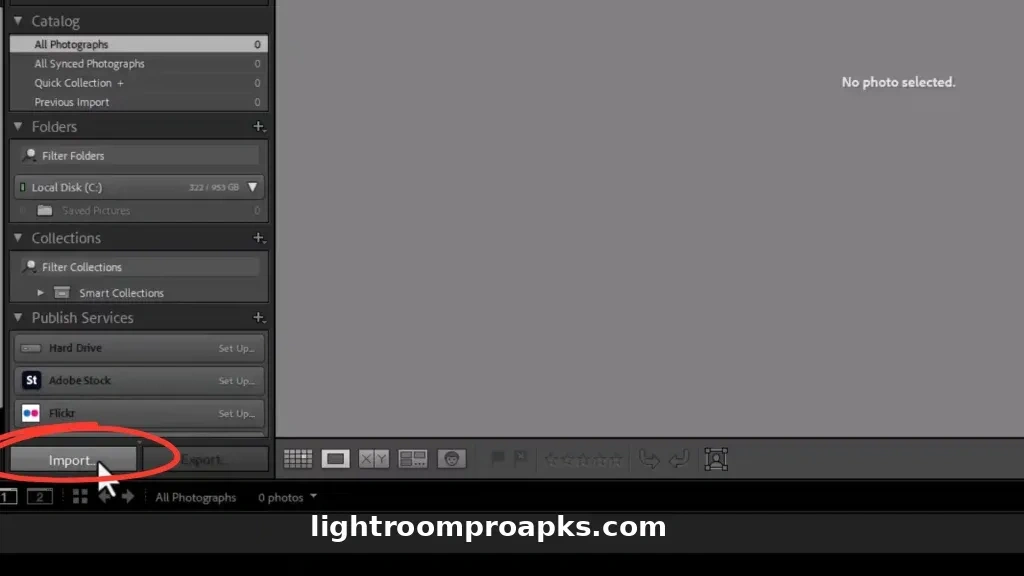 Screenshot of Adobe Lightroom interface showing the import photos option highlighted for adding images into the catalog.