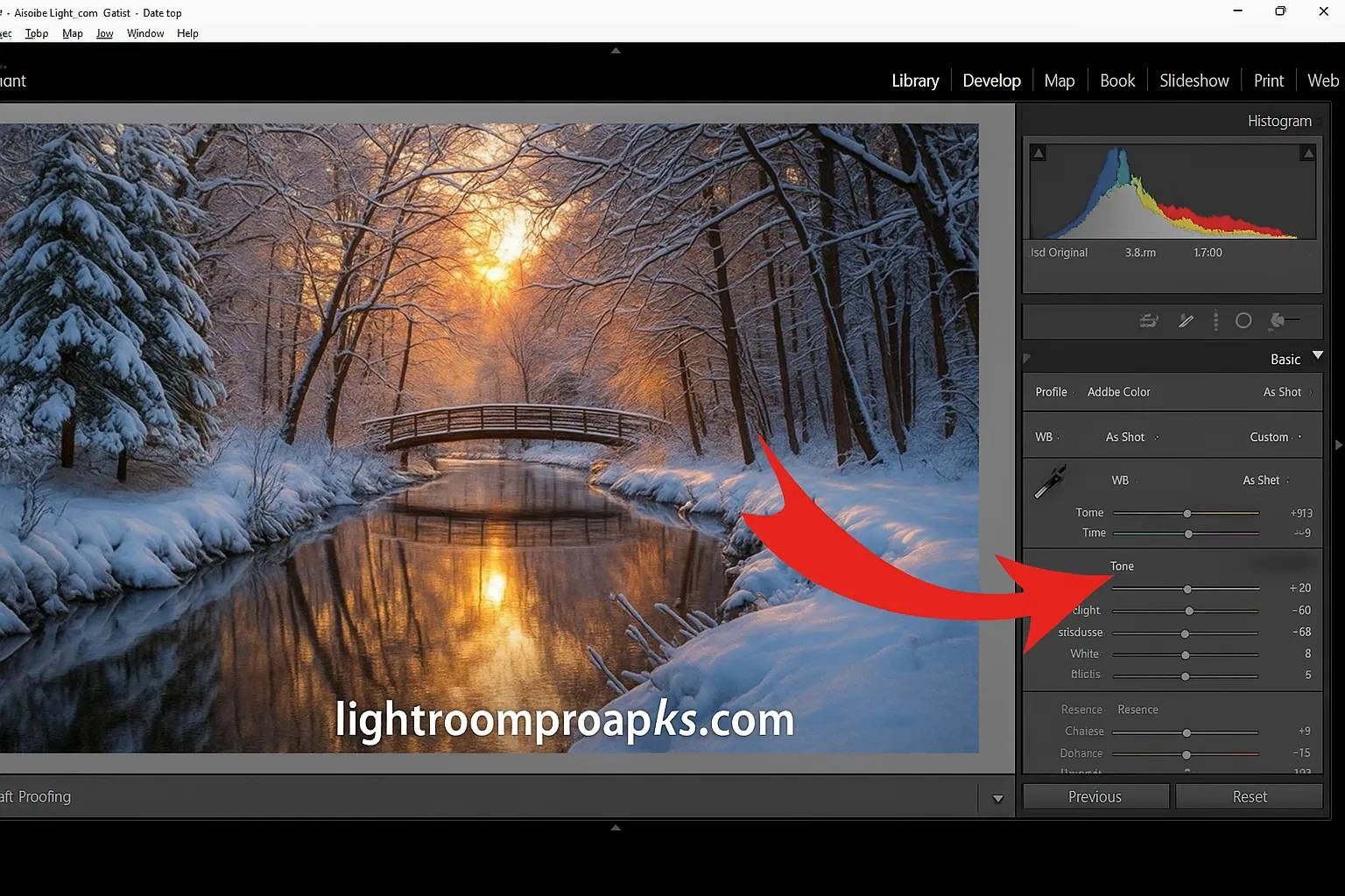 Adobe Lightroom editing interface with a winter landscape photo, adjustment sliders, and histogram panel visible on the screen.