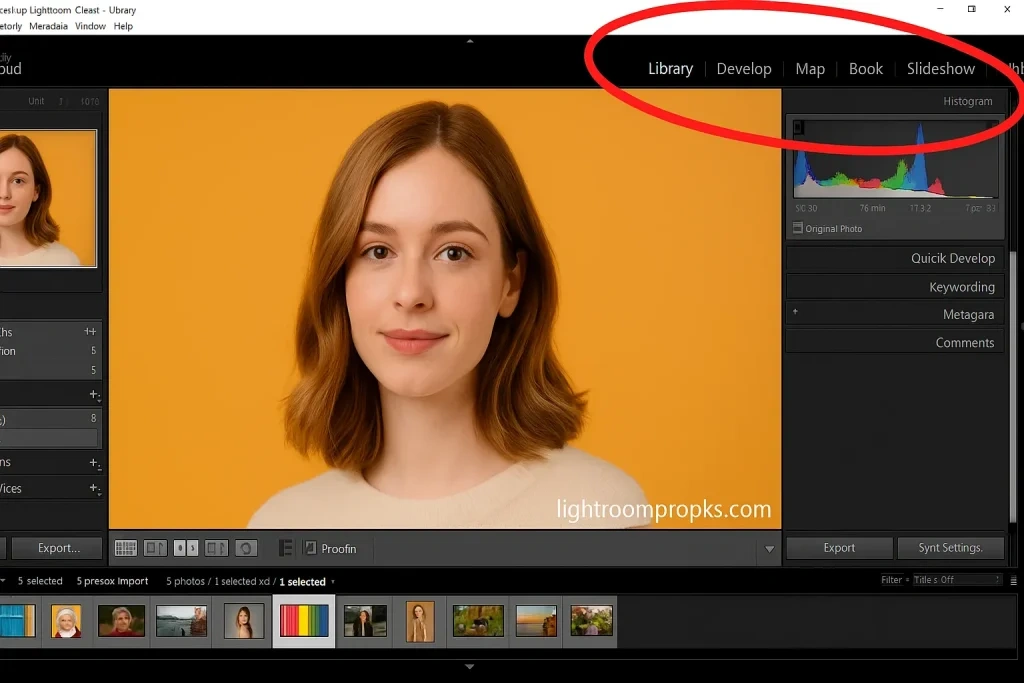 Screenshot of Adobe Lightroom library module with editing options and a portrait photo displayed on screen.
