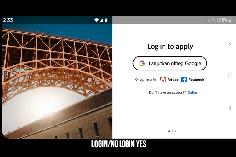 Screenshot of Adobe Lightroom login screen with options to sign in using Google, Adobe, or Facebook accounts.