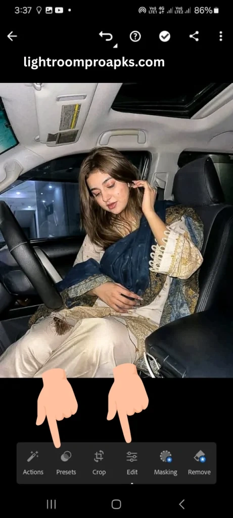 Lightroom mobile interface screenshot highlighting the actions and presets options with hand pointers for quick photo editing.
