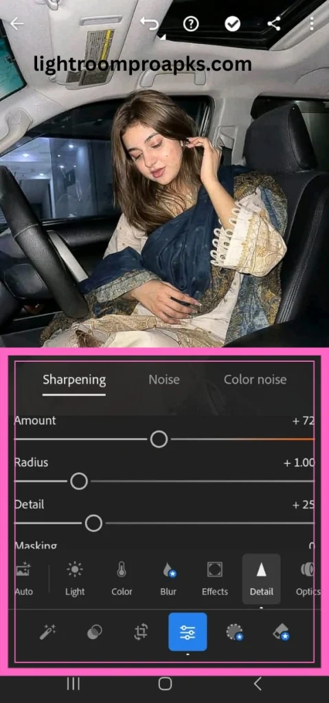 Lightroom mobile interface showing sharpening adjustment panel with sliders for amount, radius, and detail highlighted.