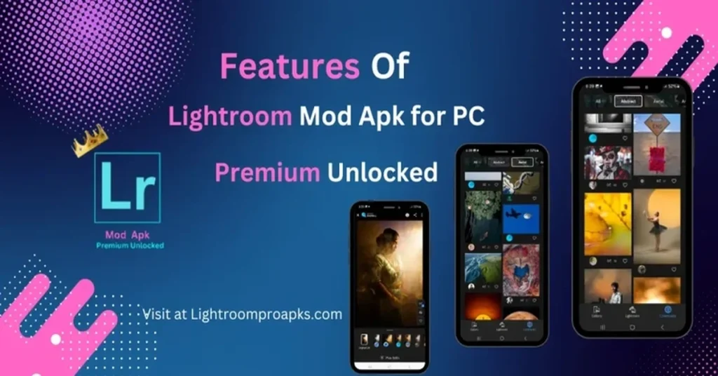 Promotional banner showing features of Lightroom Mod Apk for PC with premium unlocked, mobile interface previews, and Lightroom logo.