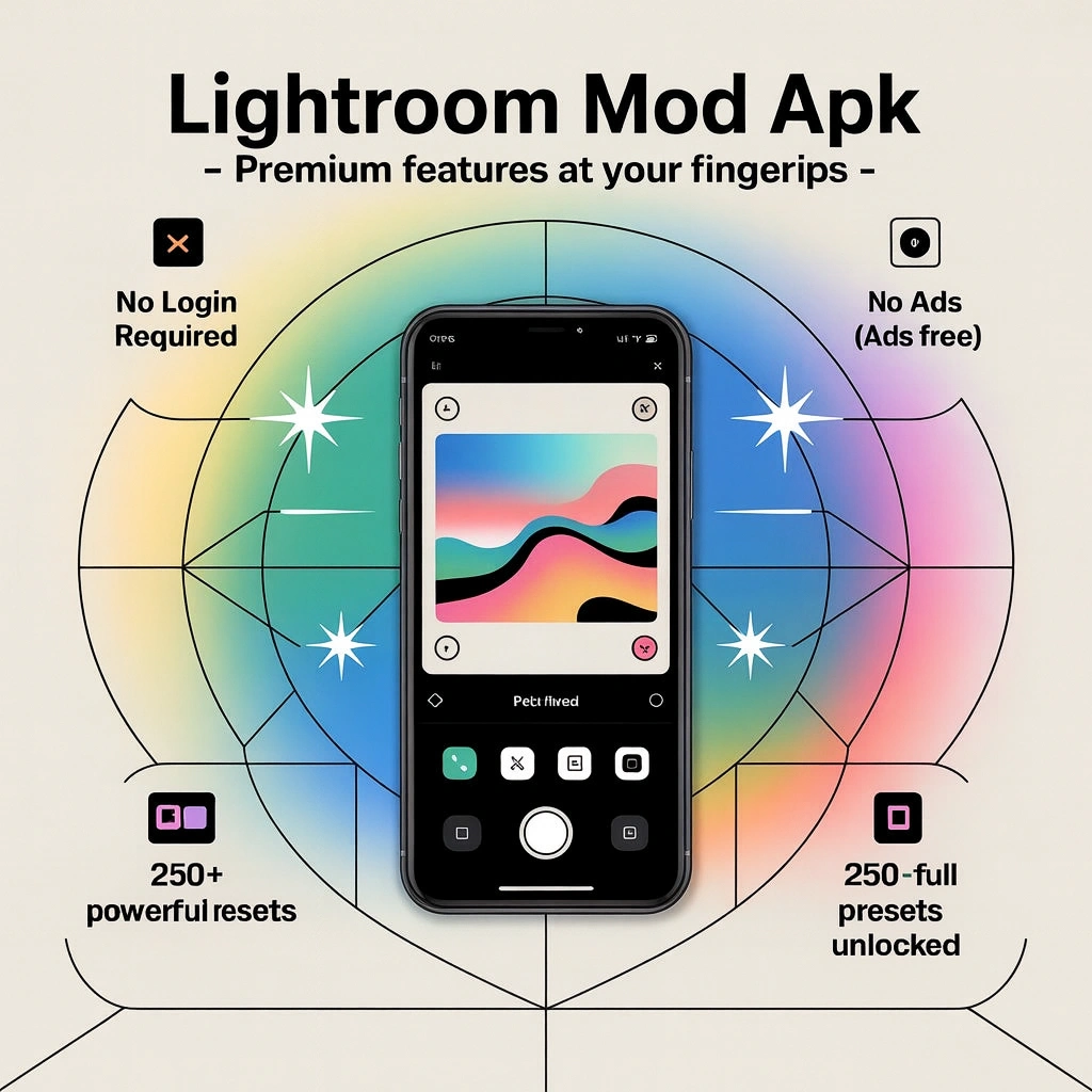 Lightroom Mod APK promotional graphic highlighting premium features such as no login required, ad-free experience, and 250+ powerful presets unlocked.
