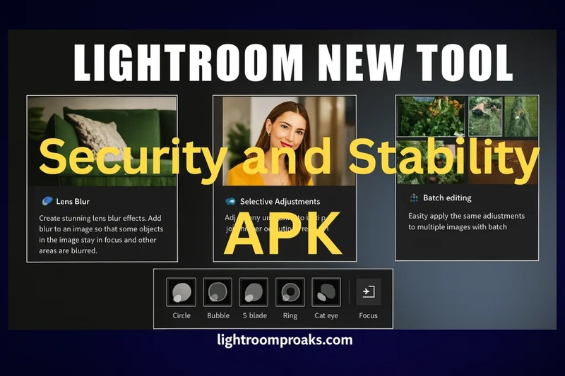 Screenshot of Lightroom new tools including Lens Blur, Selective Adjustments, and Batch Editing with highlighted text Security and Stability APK.