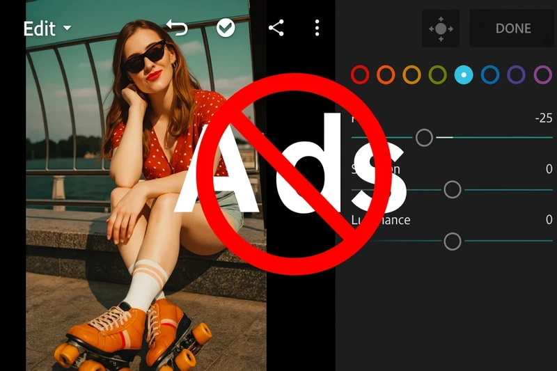 Screenshot of Adobe Lightroom editing screen with a woman in red dress on roller skates, overlaid with a no ads symbol, representing ad-free Lightroom experience.
