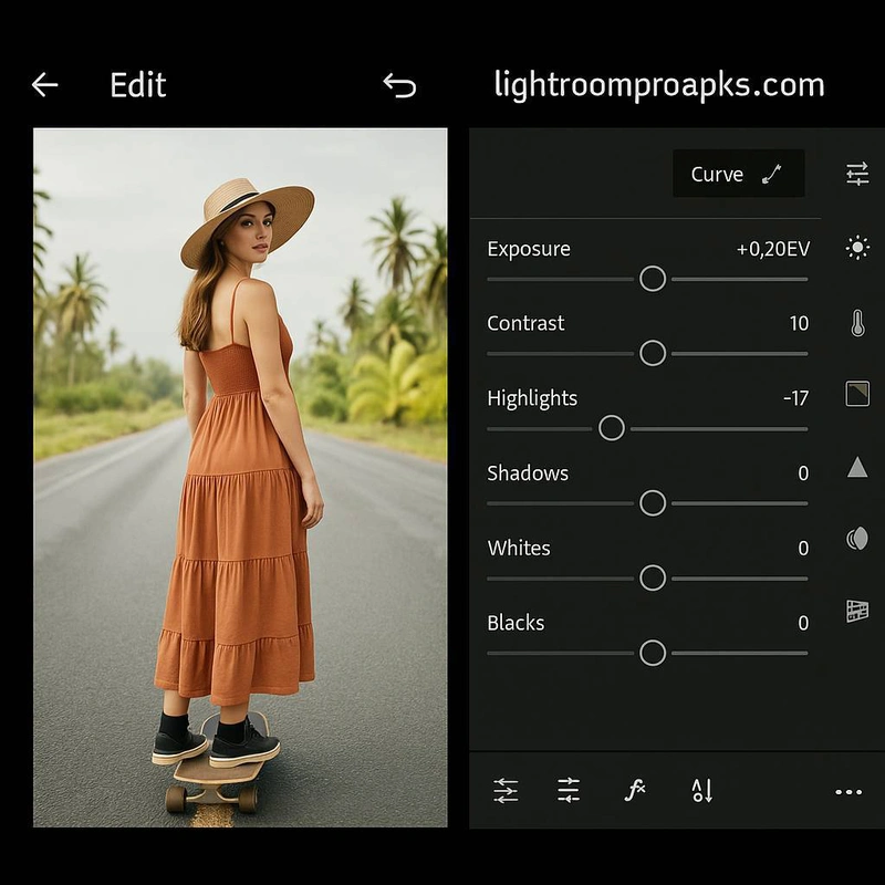 Screenshot of Adobe Lightroom mobile editing interface showing a woman on a skateboard and adjustment sliders for exposure, contrast, highlights, shadows, whites, and blacks.