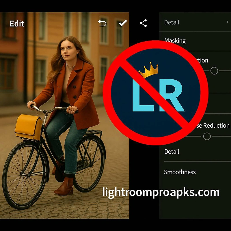 Screenshot of Adobe Lightroom mobile editing preview showing a woman on a bicycle with adjustment settings on the side.