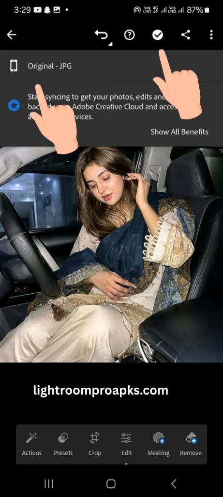 Lightroom mobile screenshot showing photo export option as original JPG format with sync and cloud storage prompts visible.