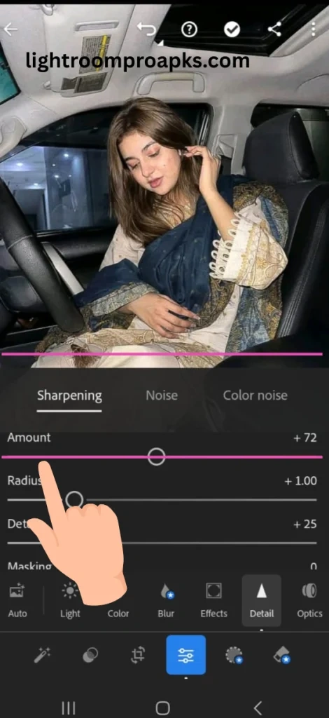 Lightroom mobile sharpening panel showing adjustment sliders for amount, radius, and detail with a hand pointer indicating the control.