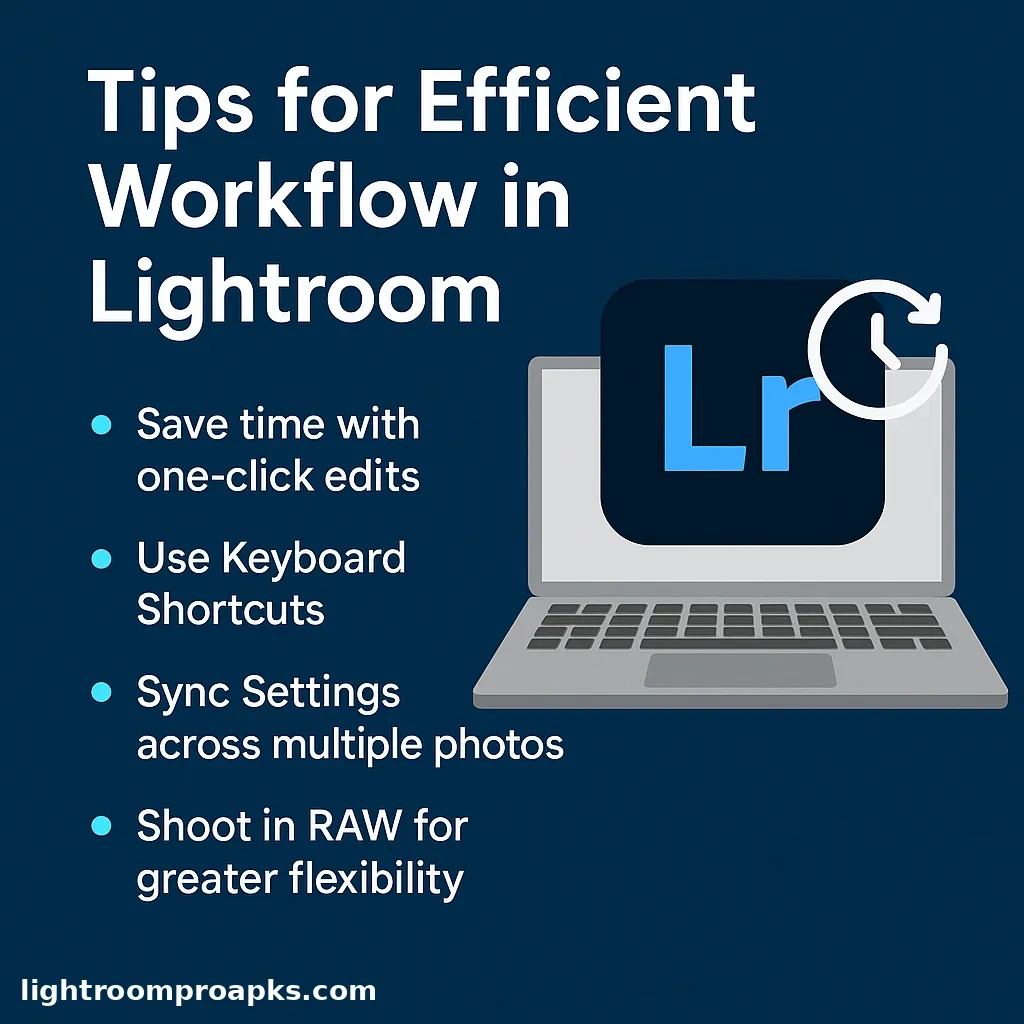 Infographic showing tips for efficient workflow in Lightroom, including one-click edits, keyboard shortcuts, syncing settings, and shooting in RAW.