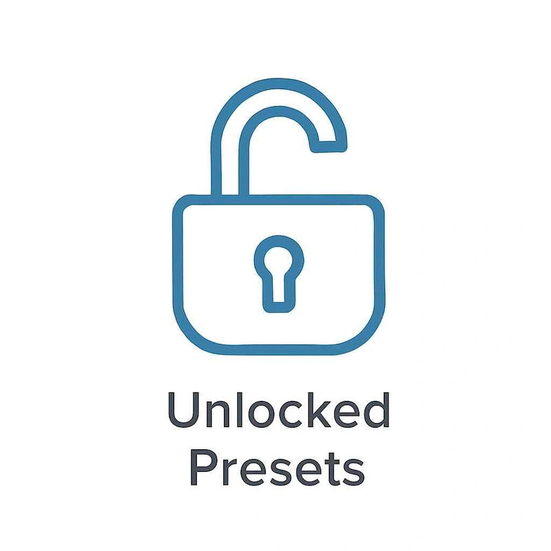 Flat vector icon of an open padlock, symbolizing Lightroom’s unlocked presets feature.