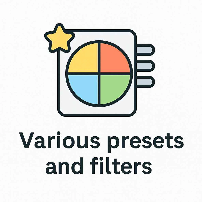 Flat vector illustration icon showing a colorful circle divided into four sections with a star, representing various presets and filters in Lightroom.