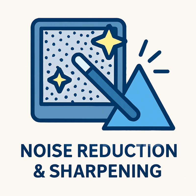 Flat vector illustration showing a grainy photo with a magic wand, sparkles, and a sharp-edged triangle, symbolizing noise reduction and sharpening in photo editing.