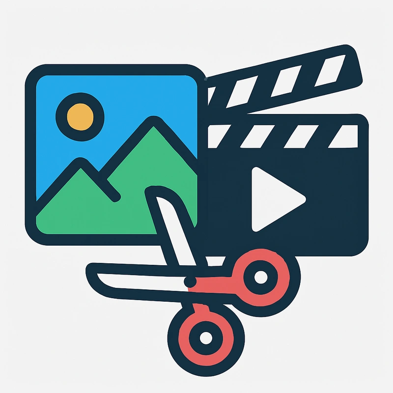 Flat vector illustration of a photo frame with mountains and sun, a clapperboard with play button, and scissors symbolizing photo and video editing tools.