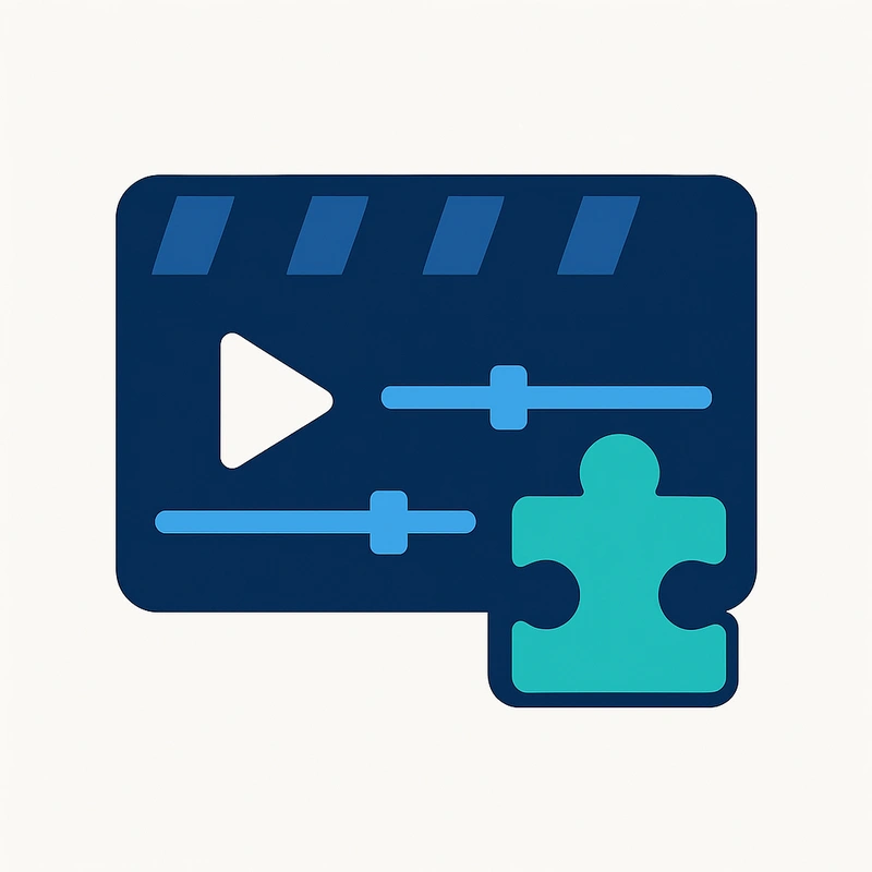 Flat vector illustration of a video editing interface with play button, sliders, and a puzzle piece symbolizing Premiere plugins and integrations.