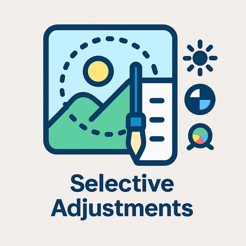 Flat vector illustration of a photo with a dotted circular selection, brush tool, sliders, and color adjustment symbols, representing selective adjustments in photo editing.