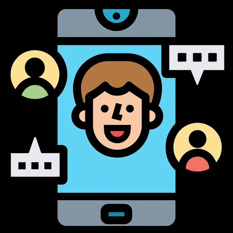 Flat design icon of a person’s face on a smartphone screen with chat bubbles and profile avatars, representing social media interaction.